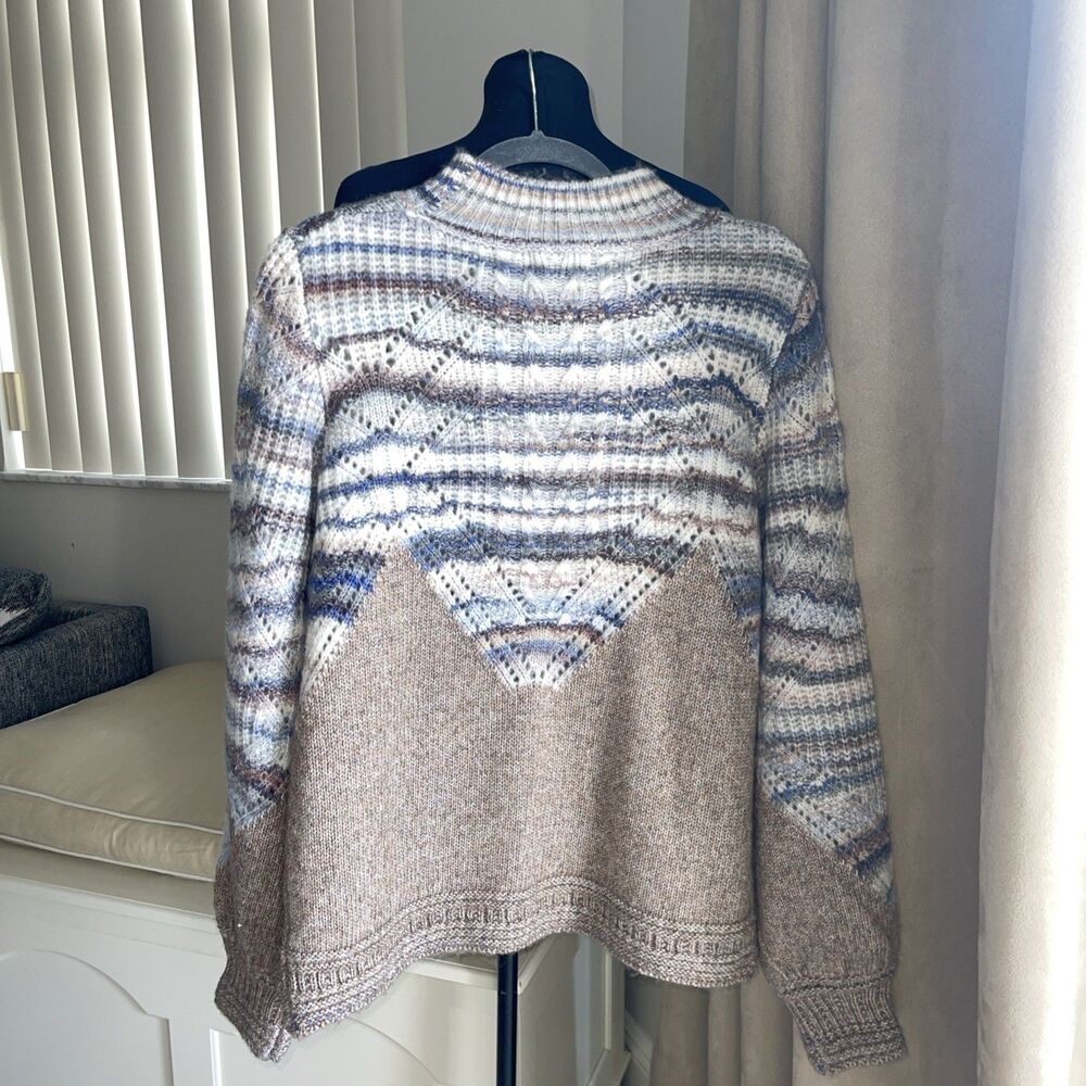 DEMOCRACY Mock Neck Woven Cable Knit Sweater Cozy Mottled Blue Tan L - Picture 3 of 8